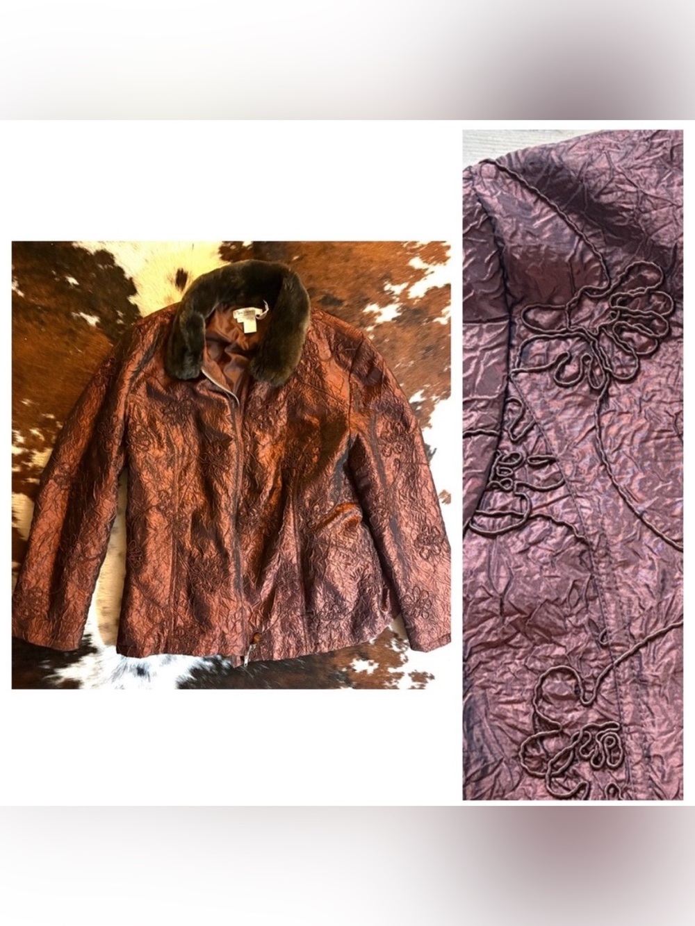 Coldwater Creek Brown Satin Embroidered Zip Front Jacket with Faux Fur Collar L